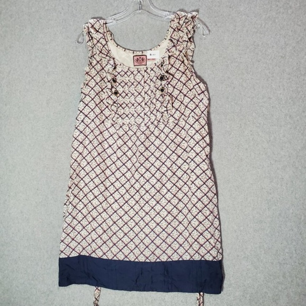 Juicy Couture Women Dress 6 Beige Geometric Mini Shift Silk Ruffles Pleated